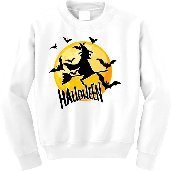 Halloween Spooky Moon Flying Witch Kids Sweatshirt