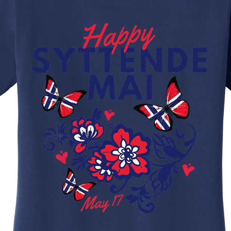 Happy Syttende Mai 17 May Norway Rosemaling Butterflies Flag Women's T-Shirt