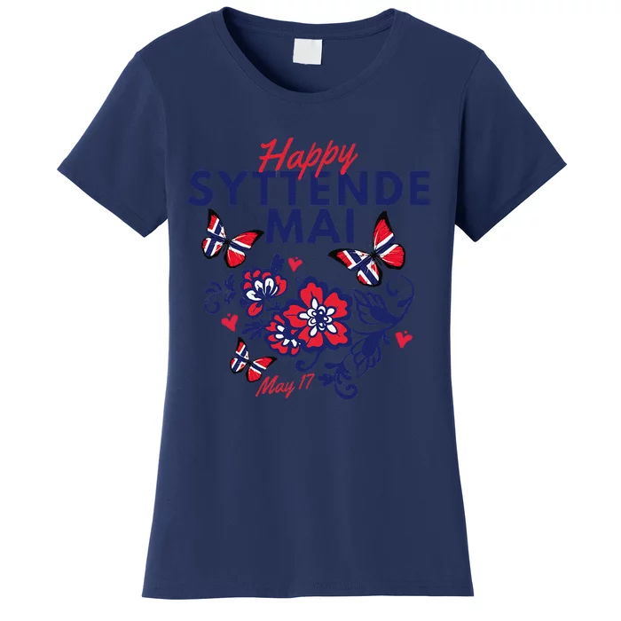 Happy Syttende Mai 17 May Norway Rosemaling Butterflies Flag Women's T-Shirt