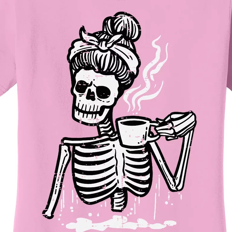 Halloween Skeleton Messy Bun Coffee Costume Women's T-Shirt