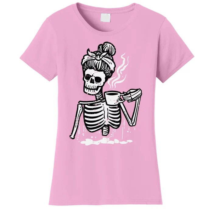 Halloween Skeleton Messy Bun Coffee Costume Women's T-Shirt