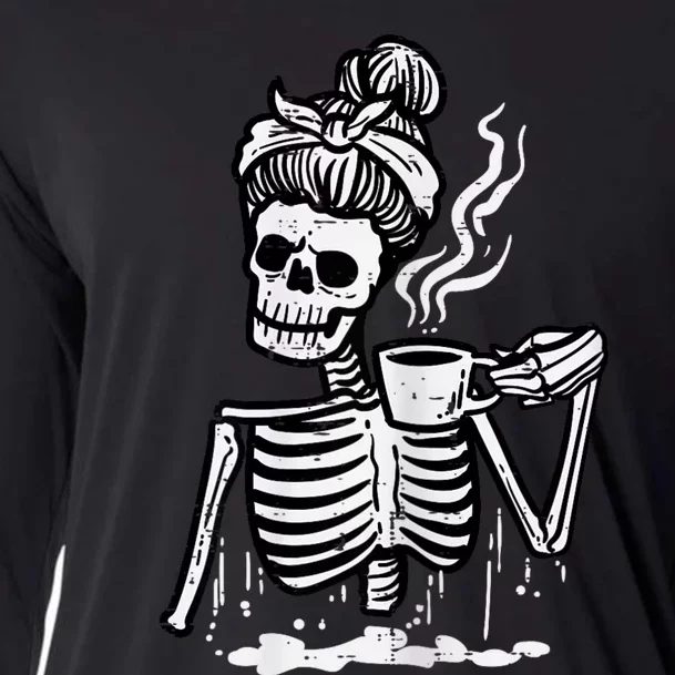 Halloween Skeleton Messy Bun Coffee Funny Costume Mom Cooling Performance Long Sleeve Crew