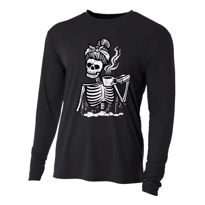 Halloween Skeleton Messy Bun Coffee Funny Costume Mom Cooling Performance Long Sleeve Crew