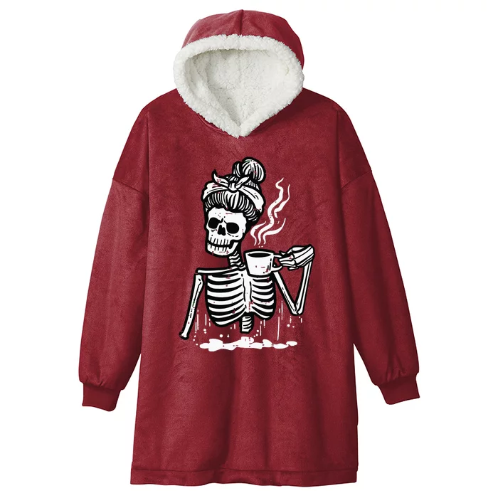 Halloween Skeleton Messy Bun Coffee Funny Costume Mom Women Hooded Wearable Blanket