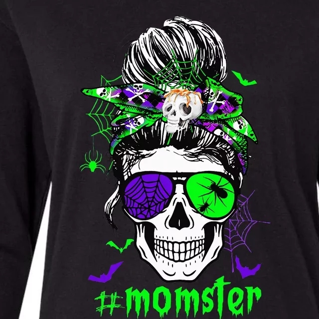 Halloween Skull Momster Costume Messy Hair Bun Outfit Womens Cotton Relaxed Long Sleeve T-Shirt