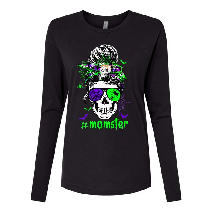 Halloween Skull Momster Costume Messy Hair Bun Outfit Womens Cotton Relaxed Long Sleeve T-Shirt