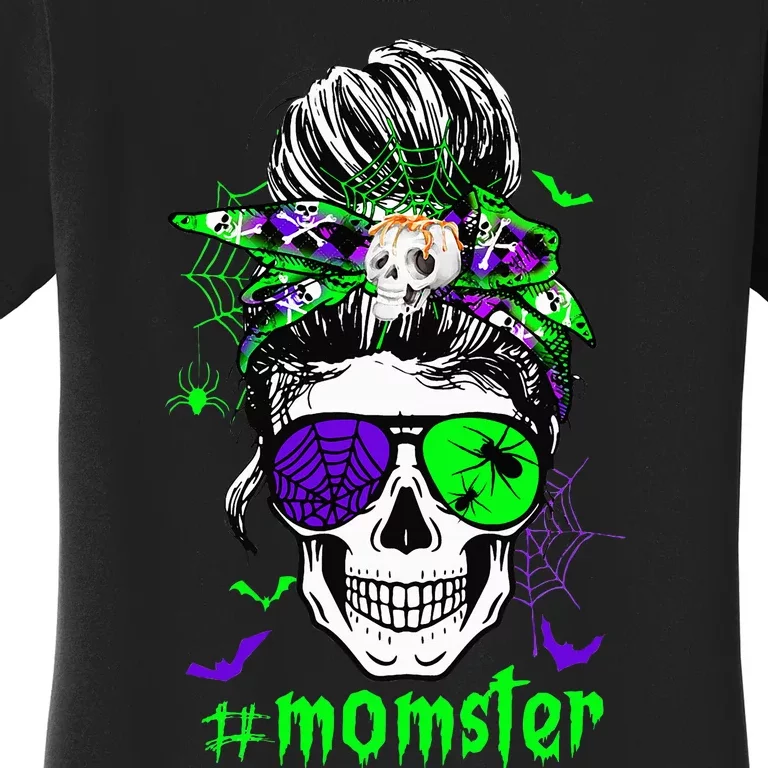 Halloween Skull Momster Costume Messy Hair Bun Outfit Women's T-Shirt