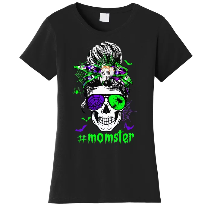 Halloween Skull Momster Costume Messy Hair Bun Outfit Women's T-Shirt