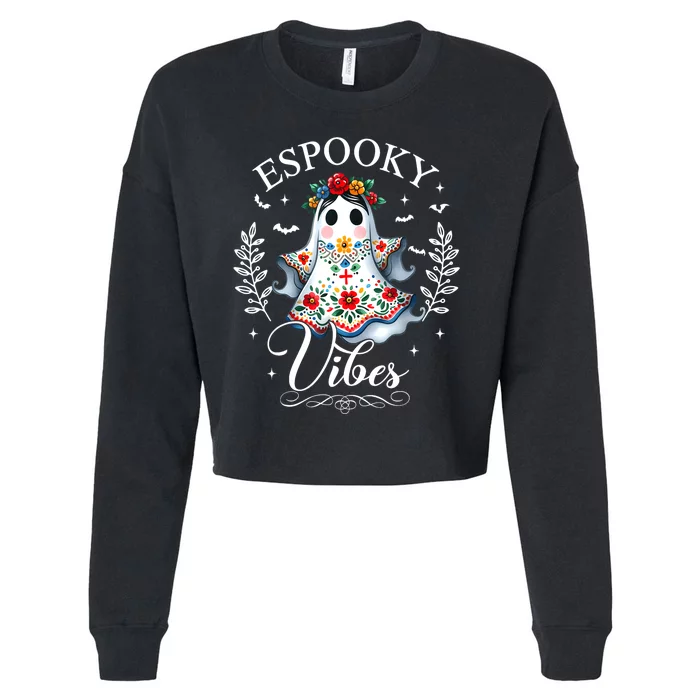 Halloween Spanish Mexican Teacher Espooky Vibes Maestra Gift Cropped Pullover Crew