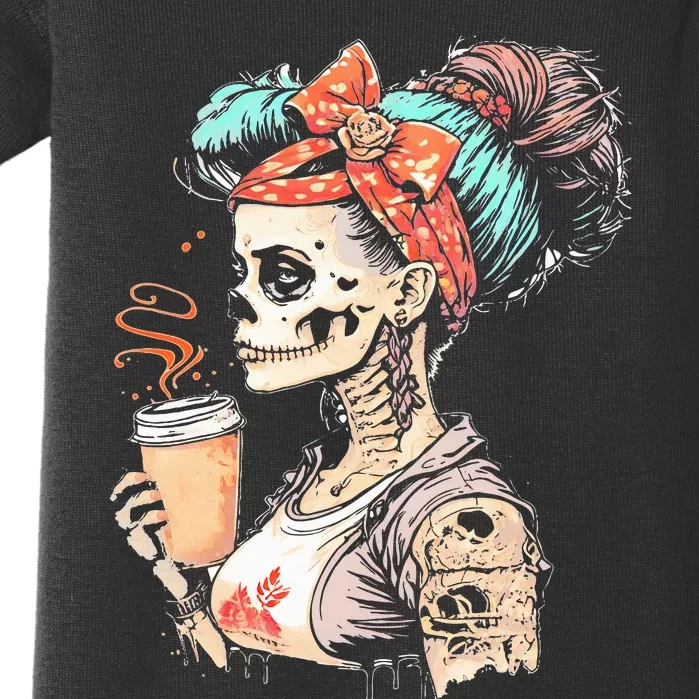 Halloween Skeleton Messy Bun Coffee Funny Costume Mom Baby Bodysuit