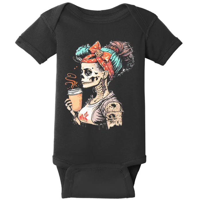 Halloween Skeleton Messy Bun Coffee Funny Costume Mom Baby Bodysuit