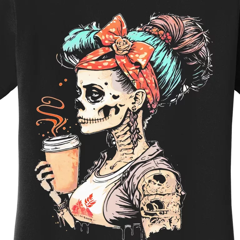 Halloween Skeleton Messy Bun Coffee Funny Costume Mom Women's T-Shirt