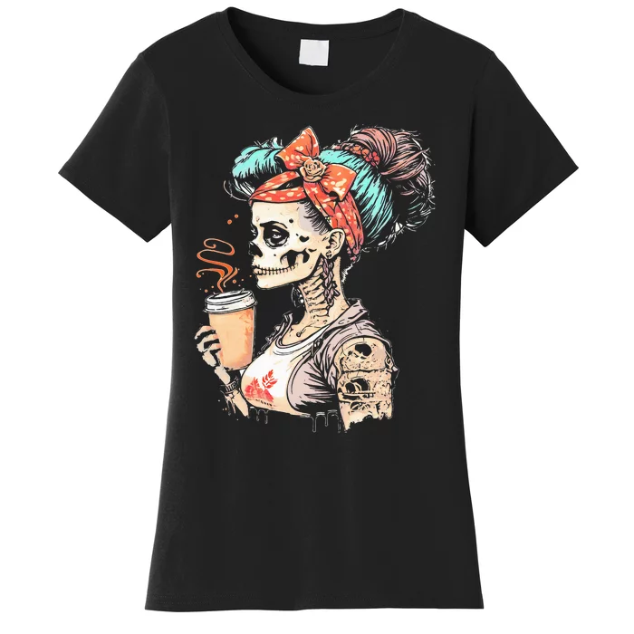 Halloween Skeleton Messy Bun Coffee Funny Costume Mom Women's T-Shirt