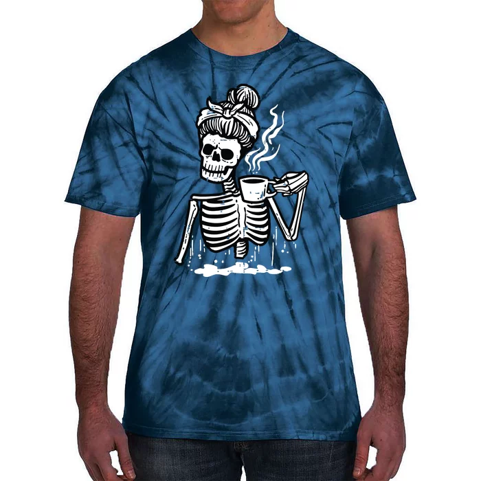 Halloween Skeleton Messy Bun Coffee Funny Costume Mom Tie-Dye T-Shirt