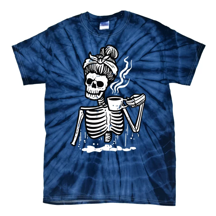 Halloween Skeleton Messy Bun Coffee Funny Costume Mom Tie-Dye T-Shirt