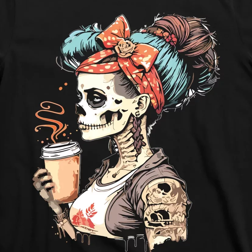 Halloween Skeleton Messy Bun Coffee Funny Costume Mom T-Shirt