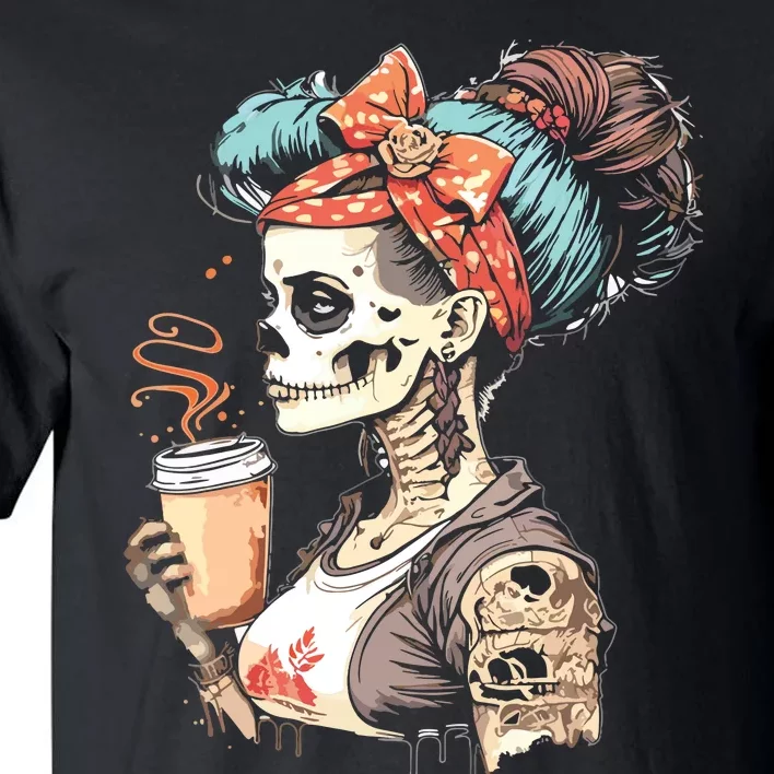 Halloween Skeleton Messy Bun Coffee Funny Costume Mom Tall T-Shirt