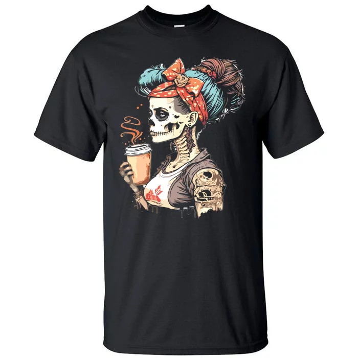 Halloween Skeleton Messy Bun Coffee Funny Costume Mom Tall T-Shirt