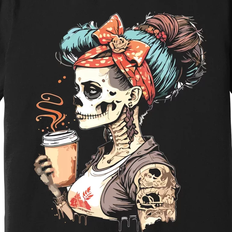 Halloween Skeleton Messy Bun Coffee Funny Costume Mom Premium T-Shirt