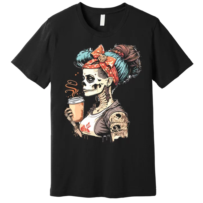 Halloween Skeleton Messy Bun Coffee Funny Costume Mom Premium T-Shirt