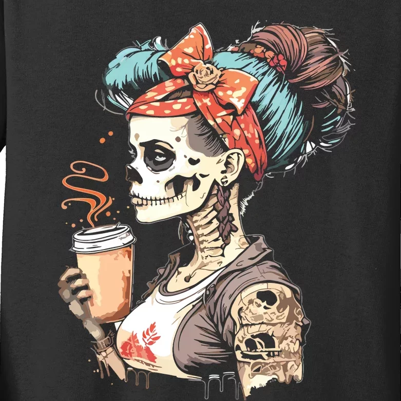 Halloween Skeleton Messy Bun Coffee Funny Costume Mom Kids Long Sleeve Shirt