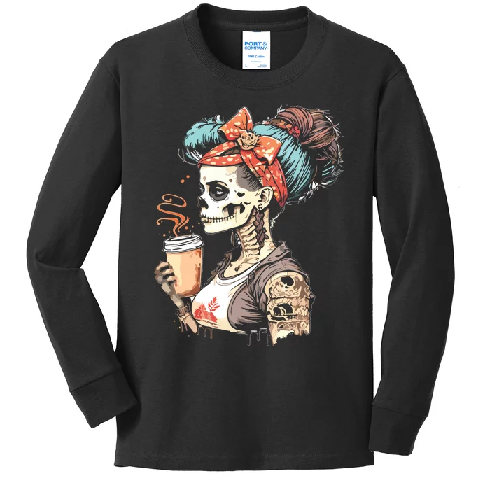 Halloween Skeleton Messy Bun Coffee Funny Costume Mom Kids Long Sleeve Shirt