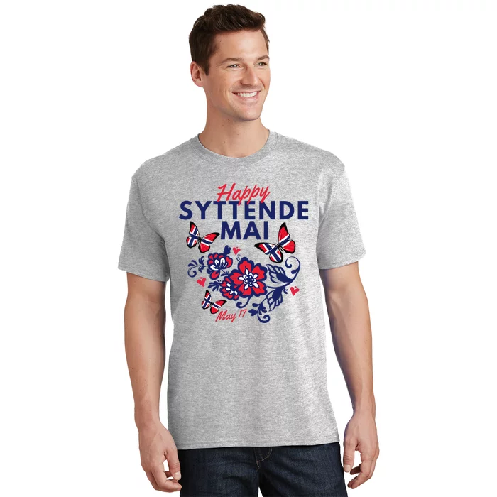 Happy Syttende Mai 17 May Norway Rosemaling Butterflies Flag T-Shirt