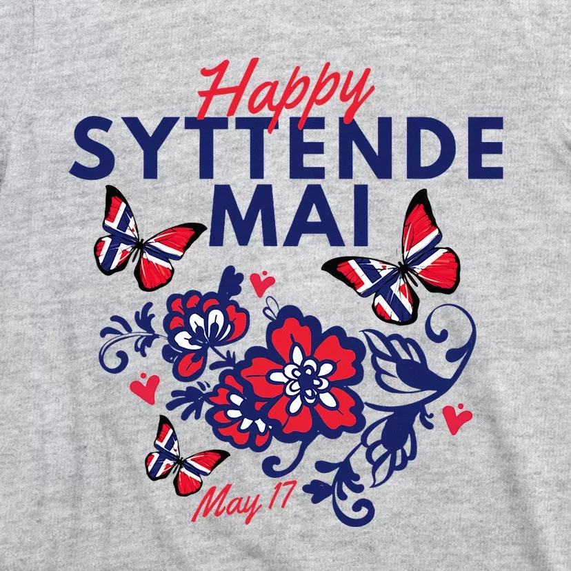 Happy Syttende Mai 17 May Norway Rosemaling Butterflies Flag T-Shirt