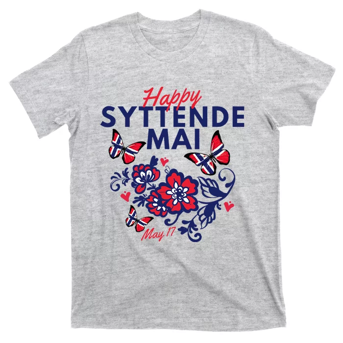 Happy Syttende Mai 17 May Norway Rosemaling Butterflies Flag T-Shirt