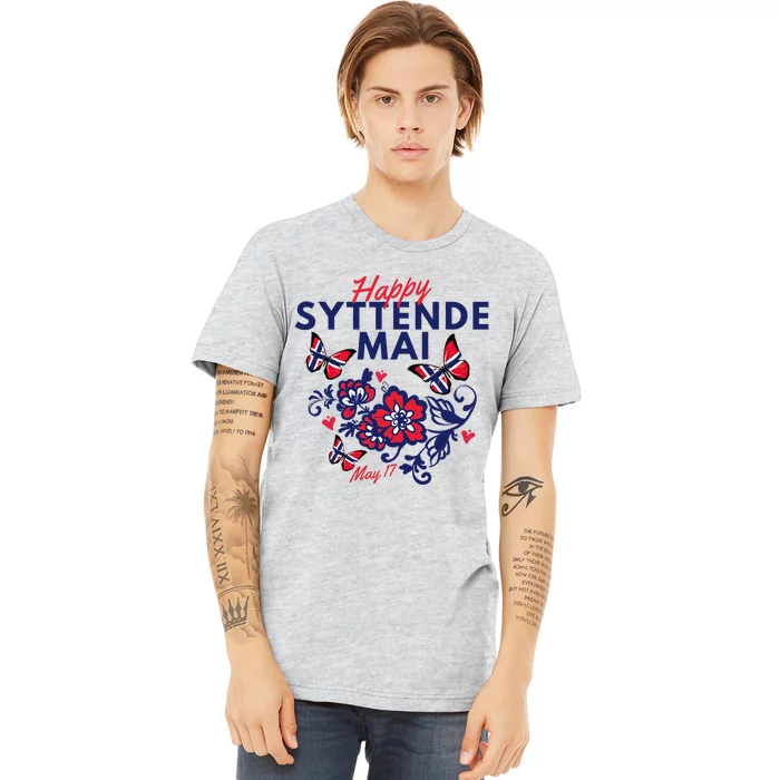 Happy Syttende Mai 17 May Norway Rosemaling Butterflies Flag Premium T-Shirt