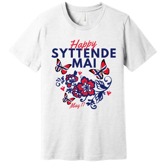 Happy Syttende Mai 17 May Norway Rosemaling Butterflies Flag Premium T-Shirt