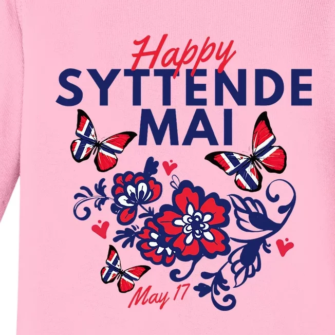 Happy Syttende Mai 17 May Norway Rosemaling Butterflies Flag Baby Long Sleeve Bodysuit