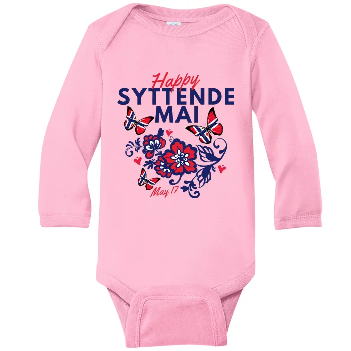 Happy Syttende Mai 17 May Norway Rosemaling Butterflies Flag Baby Long Sleeve Bodysuit