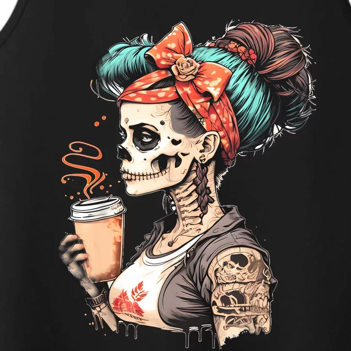 Halloween Skeleton Messy Bun Coffee Funny Costume Mom Performance Tank