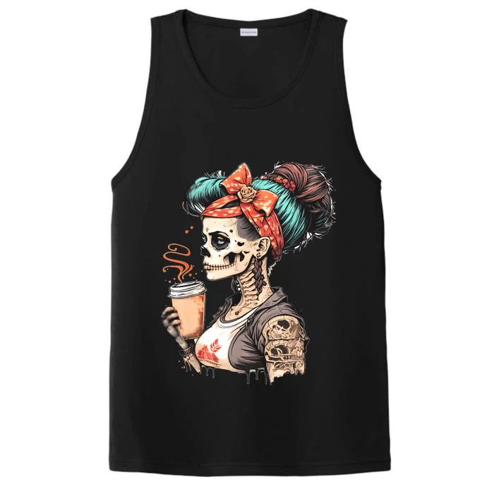 Halloween Skeleton Messy Bun Coffee Funny Costume Mom Performance Tank