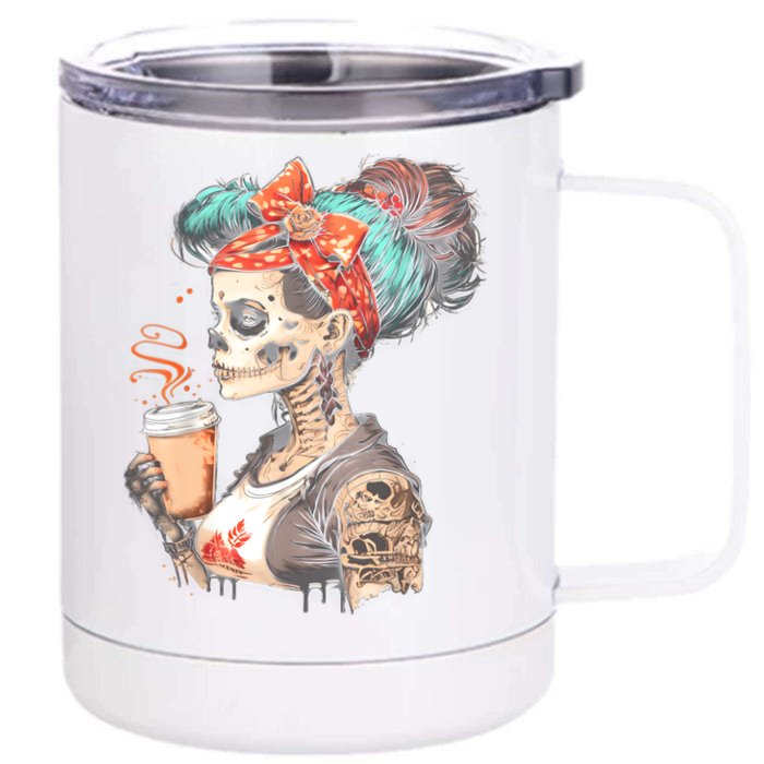 Halloween Skeleton Messy Bun Coffee Funny Costume Mom Front & Back 12oz Stainless Steel Tumbler Cup