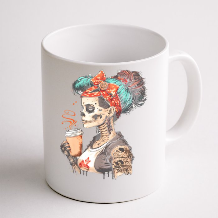 Halloween Skeleton Messy Bun Coffee Funny Costume Mom Front & Back Coffee Mug