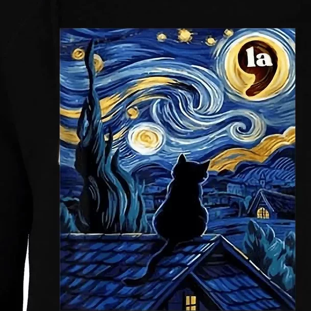 Halloween Starry Night Black Cat Comma La Kamala Harris Womens Funnel Neck Pullover Hood