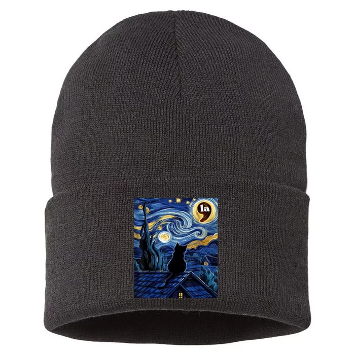 Halloween Starry Night Black Cat Comma La Kamala Harris Sustainable Knit Beanie