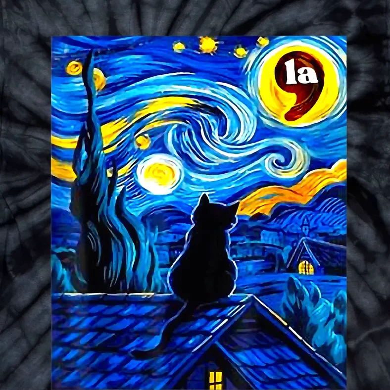 Halloween Starry Night Black Cat Comma La Kamala Harris Tie-Dye T-Shirt