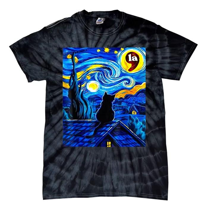 Halloween Starry Night Black Cat Comma La Kamala Harris Tie-Dye T-Shirt