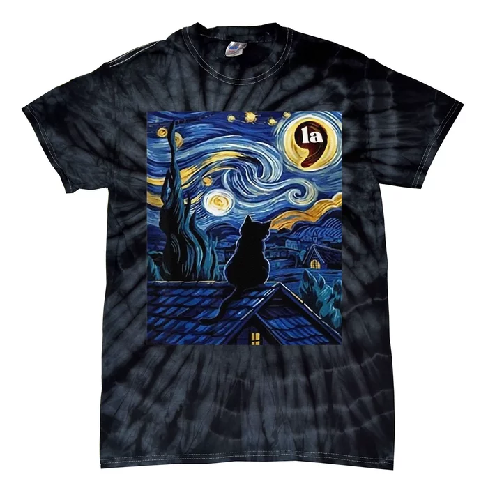 Halloween Starry Night Black Cat Comma La Kamala Harris Gift Tie-Dye T-Shirt