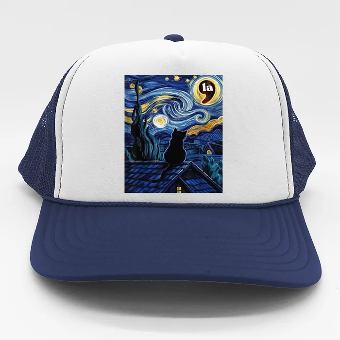 Halloween Starry Night Black Cat Comma La Kamala Harris Gift Trucker Hat