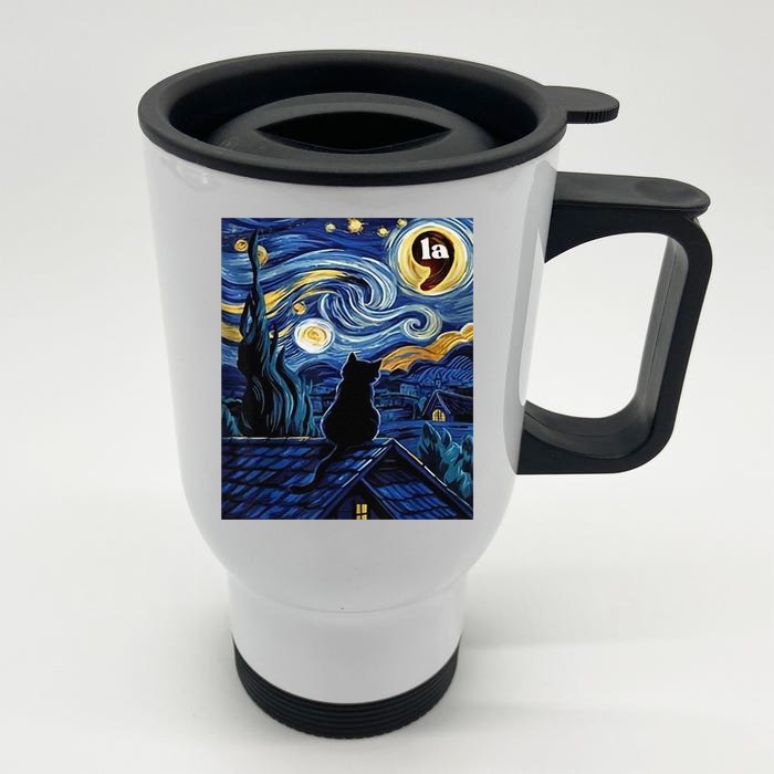 Halloween Starry Night Black Cat Comma La Kamala Harris Gift Front & Back Stainless Steel Travel Mug