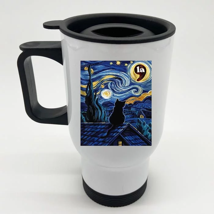 Halloween Starry Night Black Cat Comma La Kamala Harris Gift Front & Back Stainless Steel Travel Mug