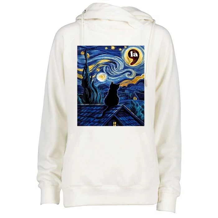 Halloween Starry Night Black Cat Comma La Kamala Harris Womens Funnel Neck Pullover Hood