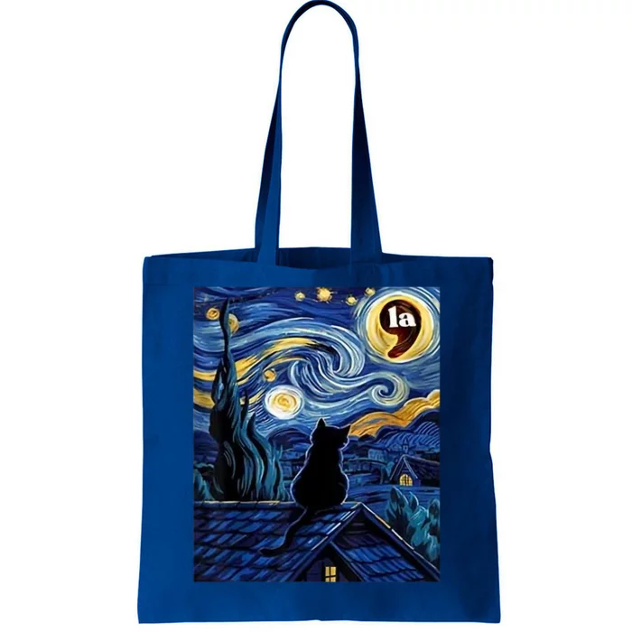 Halloween Starry Night Black Cat Comma La Kamala Harris Tote Bag