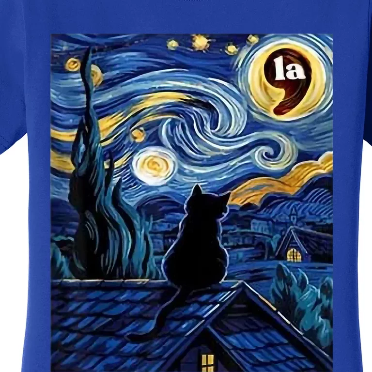 Halloween Starry Night Black Cat Comma La Kamala Harris Women's T-Shirt