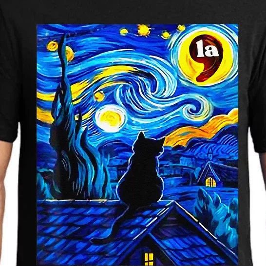 Halloween Starry Night Black Cat Comma La Kamala Harris Gift Pajama Set