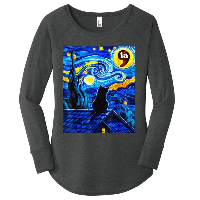 Halloween Starry Night Black Cat Comma La Kamala Harris Gift Women's Perfect Tri Tunic Long Sleeve Shirt